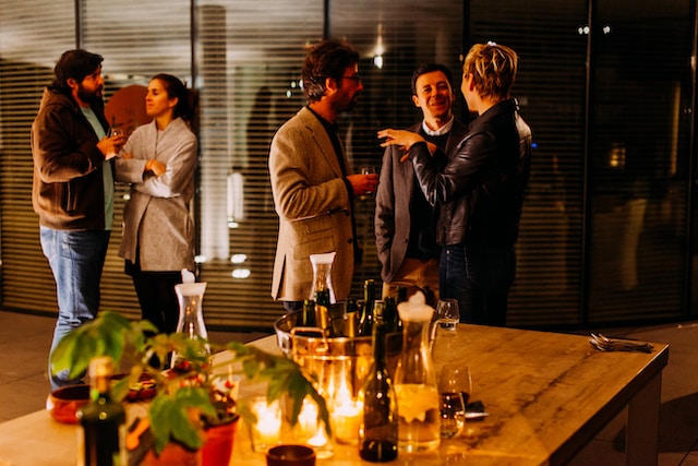 Team at a catered event talking